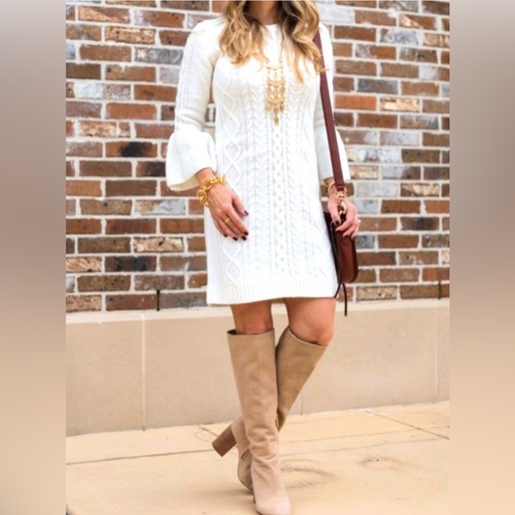 Eliza J Sweaters - Eliza J Cream Cable Knit Sweater Dress with Bell Sleeves - Size Small
